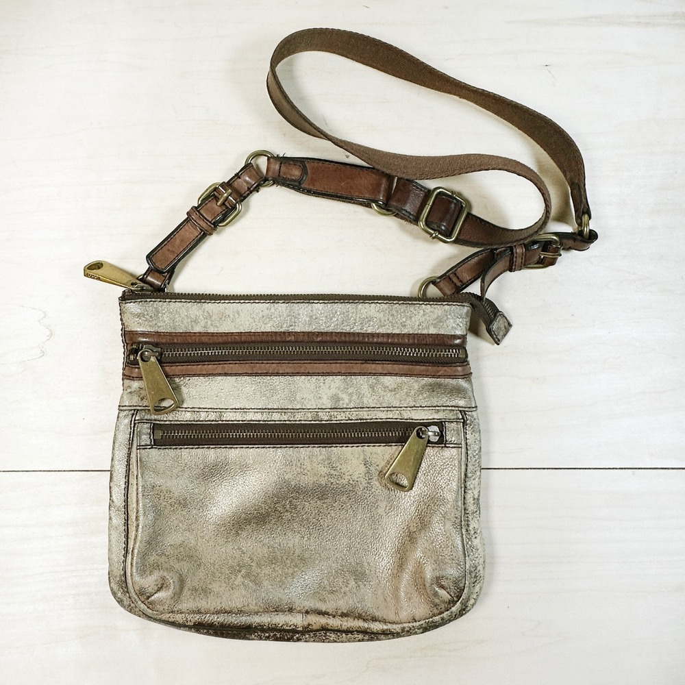 Fossil Soft Leather Gold Purse Rustic Antique‎ Brass Cross-Body Metallic